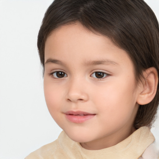 Joyful white child female with medium  brown hair and brown eyes