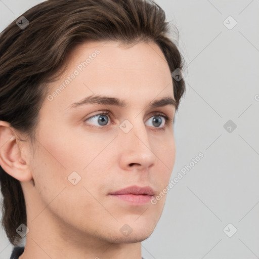 Neutral white young-adult male with medium  brown hair and grey eyes