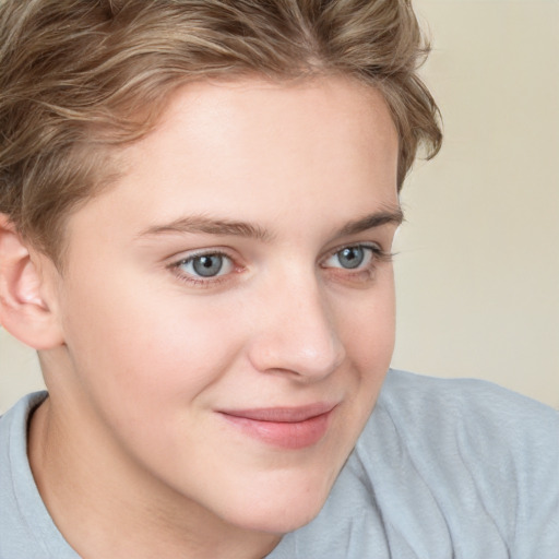 Joyful white child female with short  brown hair and brown eyes