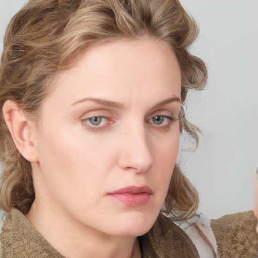 Neutral white young-adult female with medium  brown hair and blue eyes