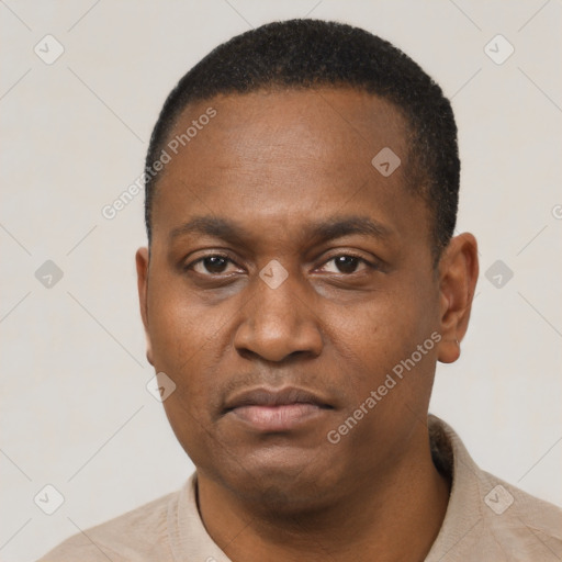 Neutral black young-adult male with short  black hair and brown eyes
