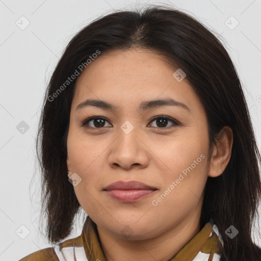 Joyful asian young-adult female with medium  brown hair and brown eyes