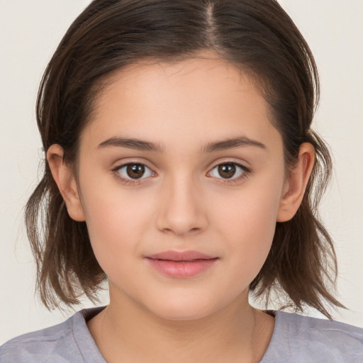 Joyful white child female with medium  brown hair and brown eyes