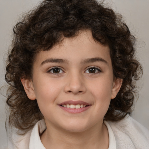 Joyful white child female with medium  brown hair and brown eyes