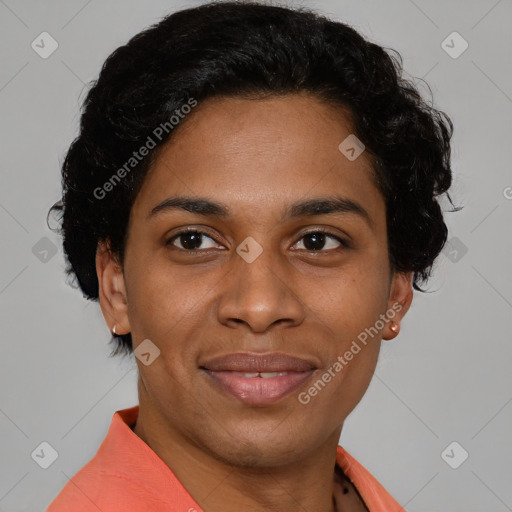 Joyful latino adult female with short  brown hair and brown eyes