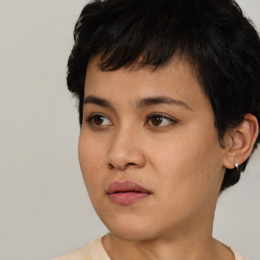 Neutral asian young-adult female with short  black hair and brown eyes