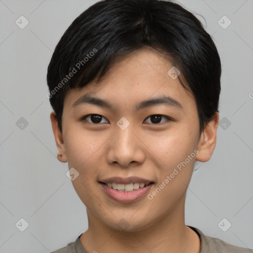 Joyful asian young-adult male with short  black hair and brown eyes