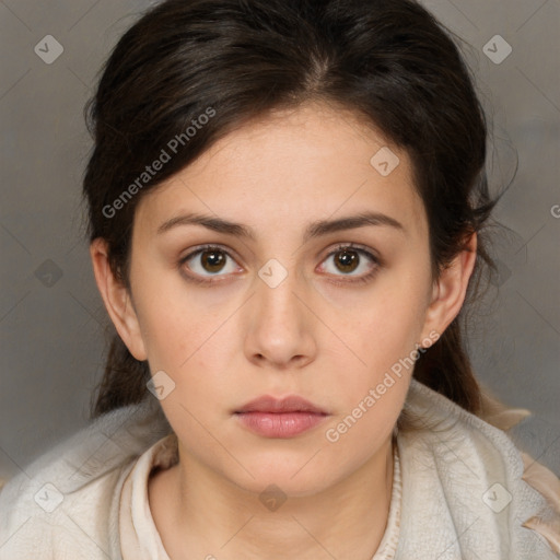 Neutral white young-adult female with medium  brown hair and brown eyes