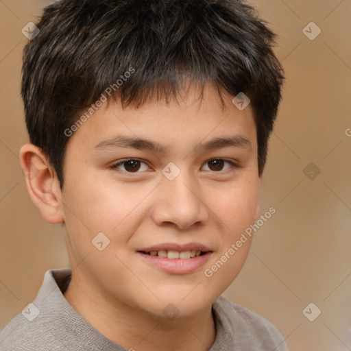 Joyful white child male with short  brown hair and brown eyes