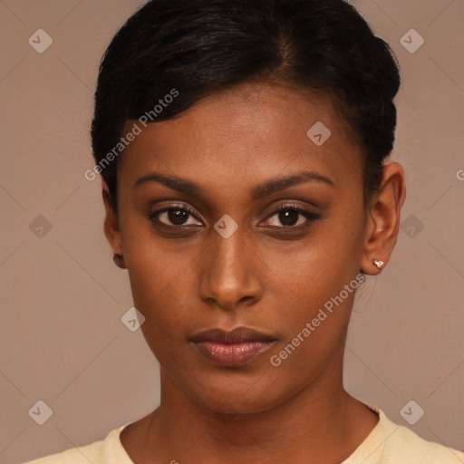 Neutral black young-adult female with short  brown hair and brown eyes