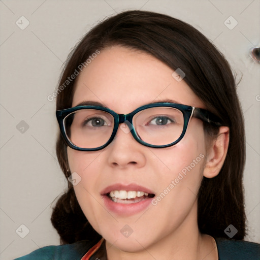 Joyful white young-adult female with medium  brown hair and blue eyes