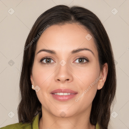 Joyful white young-adult female with medium  brown hair and brown eyes