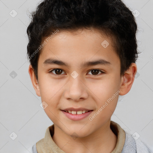 Joyful white child male with short  brown hair and brown eyes