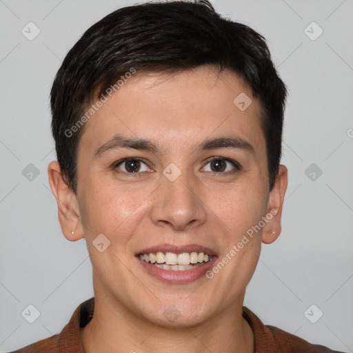 Joyful white young-adult male with short  brown hair and brown eyes