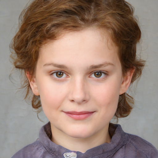 Joyful white child female with medium  brown hair and blue eyes