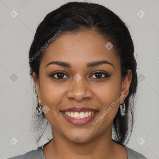 Joyful latino young-adult female with medium  black hair and brown eyes