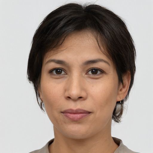 Neutral white adult female with medium  brown hair and brown eyes