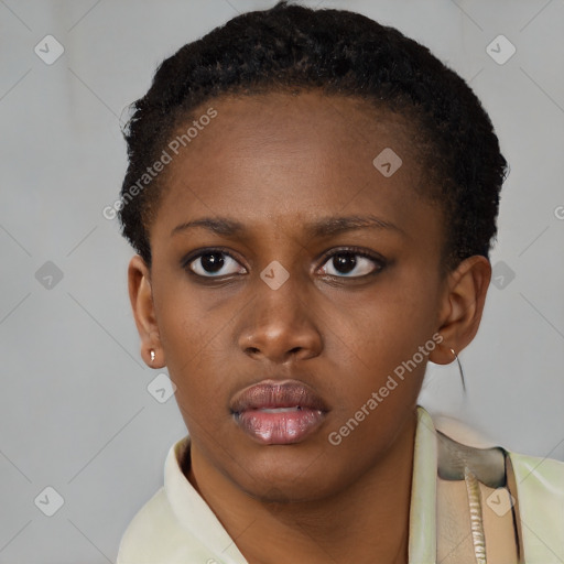 Neutral latino young-adult female with short  brown hair and brown eyes