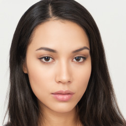 Neutral asian young-adult female with long  brown hair and brown eyes