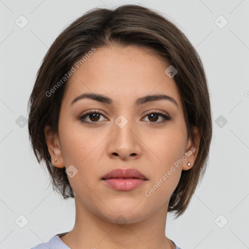 Neutral white young-adult female with medium  brown hair and brown eyes