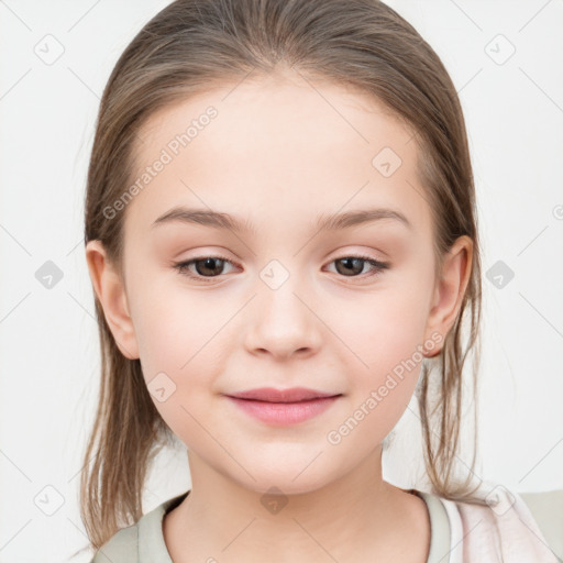 Joyful white child female with medium  brown hair and brown eyes