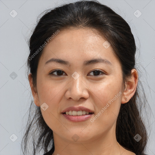 Joyful white young-adult female with medium  brown hair and brown eyes