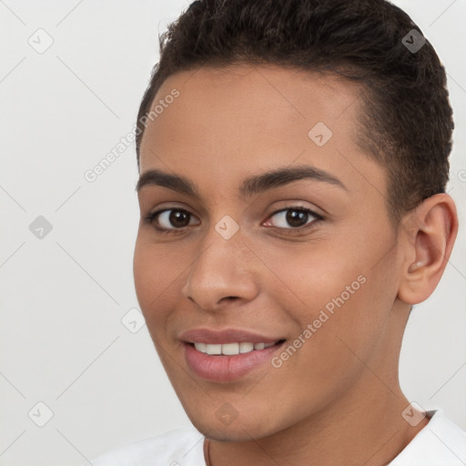 Joyful white young-adult female with short  brown hair and brown eyes