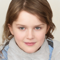 Joyful white child female with medium  brown hair and blue eyes