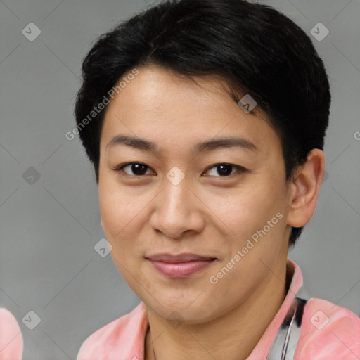 Joyful latino adult female with short  brown hair and brown eyes