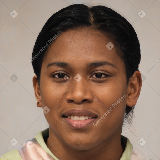 Joyful latino young-adult female with short  black hair and brown eyes