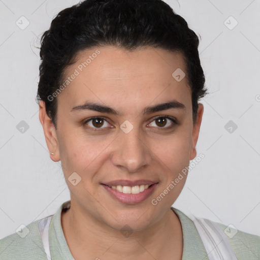 Joyful white young-adult female with short  brown hair and brown eyes