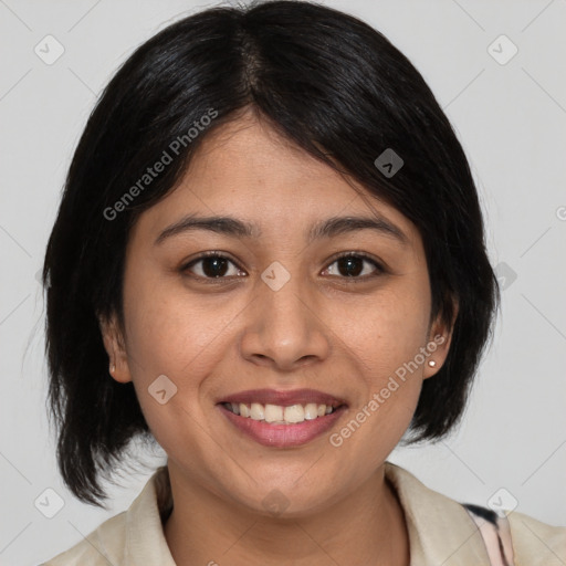 Joyful asian young-adult female with medium  black hair and brown eyes