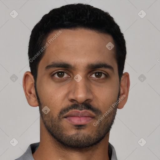 Neutral latino young-adult male with short  black hair and brown eyes