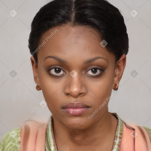 Neutral black young-adult female with short  brown hair and brown eyes