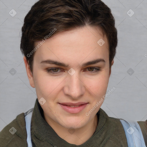 Joyful white young-adult female with short  brown hair and grey eyes