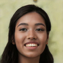 Joyful white young-adult female with long  black hair and brown eyes