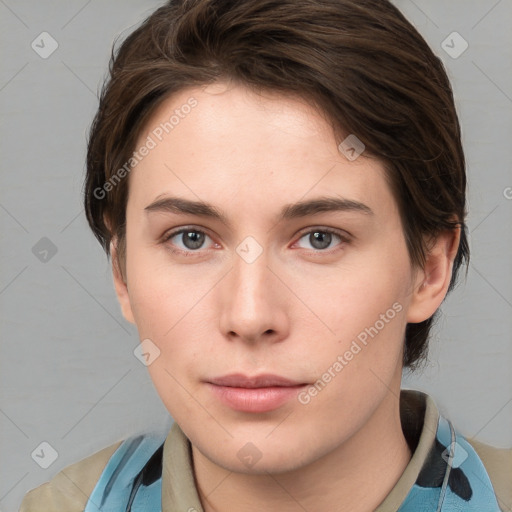 Neutral white young-adult female with medium  brown hair and brown eyes