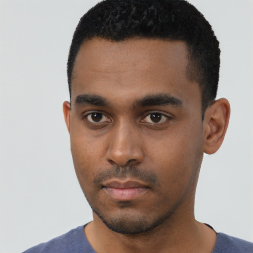 Neutral black young-adult male with short  black hair and brown eyes