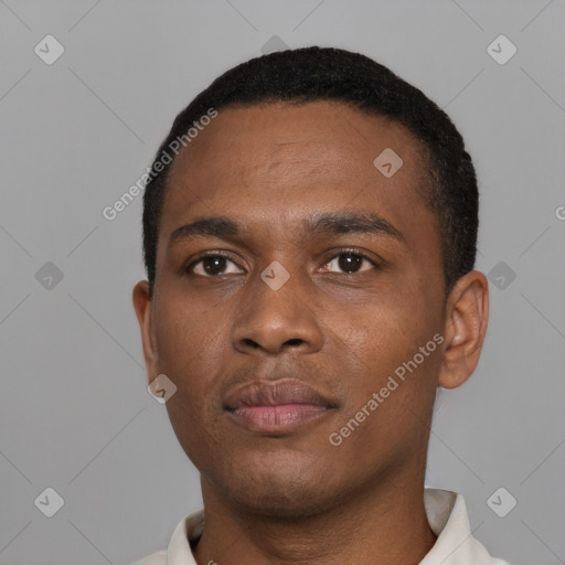 Neutral black young-adult male with short  black hair and brown eyes