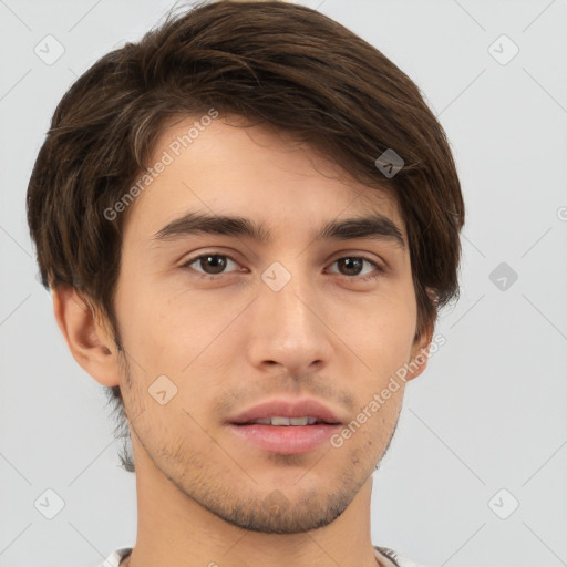 Neutral white young-adult male with short  brown hair and brown eyes