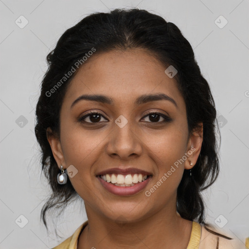 Joyful latino young-adult female with long  brown hair and brown eyes