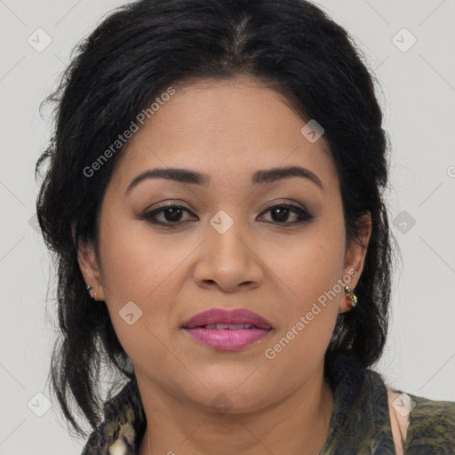 Joyful latino young-adult female with medium  brown hair and brown eyes