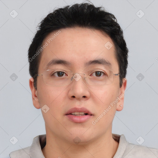 Neutral asian young-adult male with short  brown hair and brown eyes