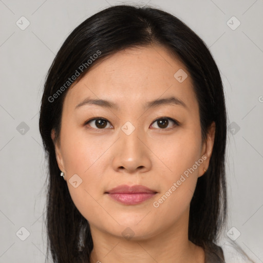 Neutral asian young-adult female with medium  black hair and brown eyes