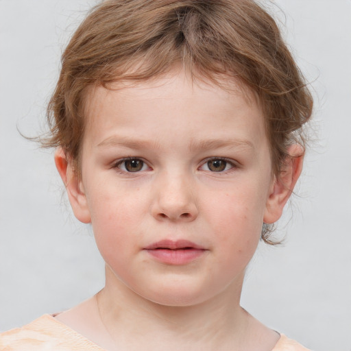 Neutral white child female with medium  brown hair and grey eyes