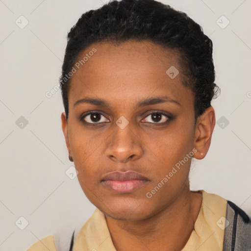 Neutral black young-adult female with short  black hair and brown eyes