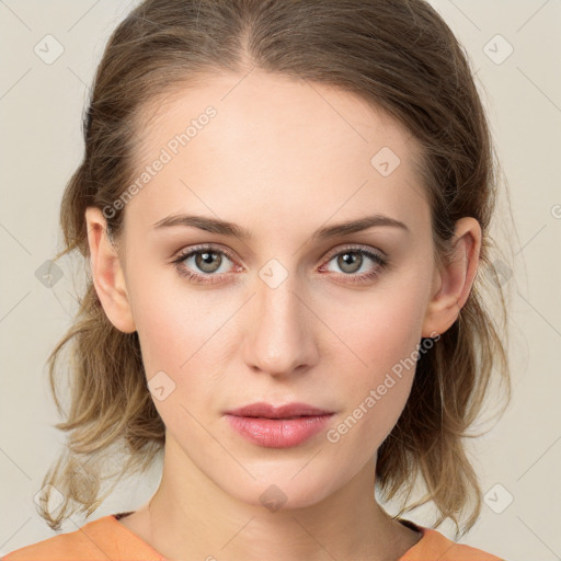 Neutral white young-adult female with medium  brown hair and grey eyes