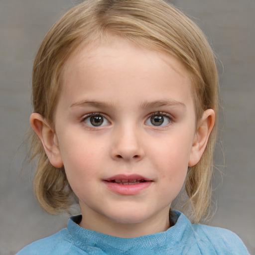 Neutral white child female with medium  brown hair and blue eyes