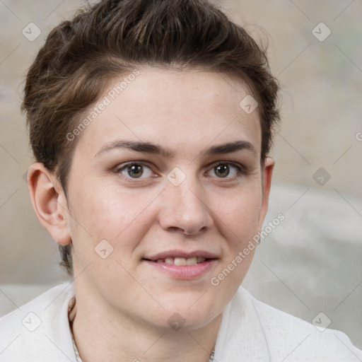 Joyful white young-adult female with short  brown hair and brown eyes