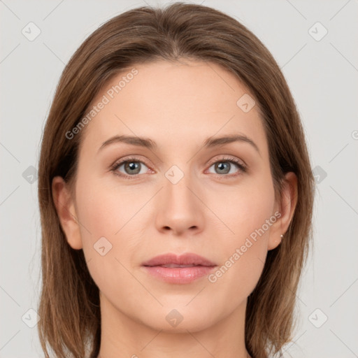 Neutral white young-adult female with medium  brown hair and grey eyes